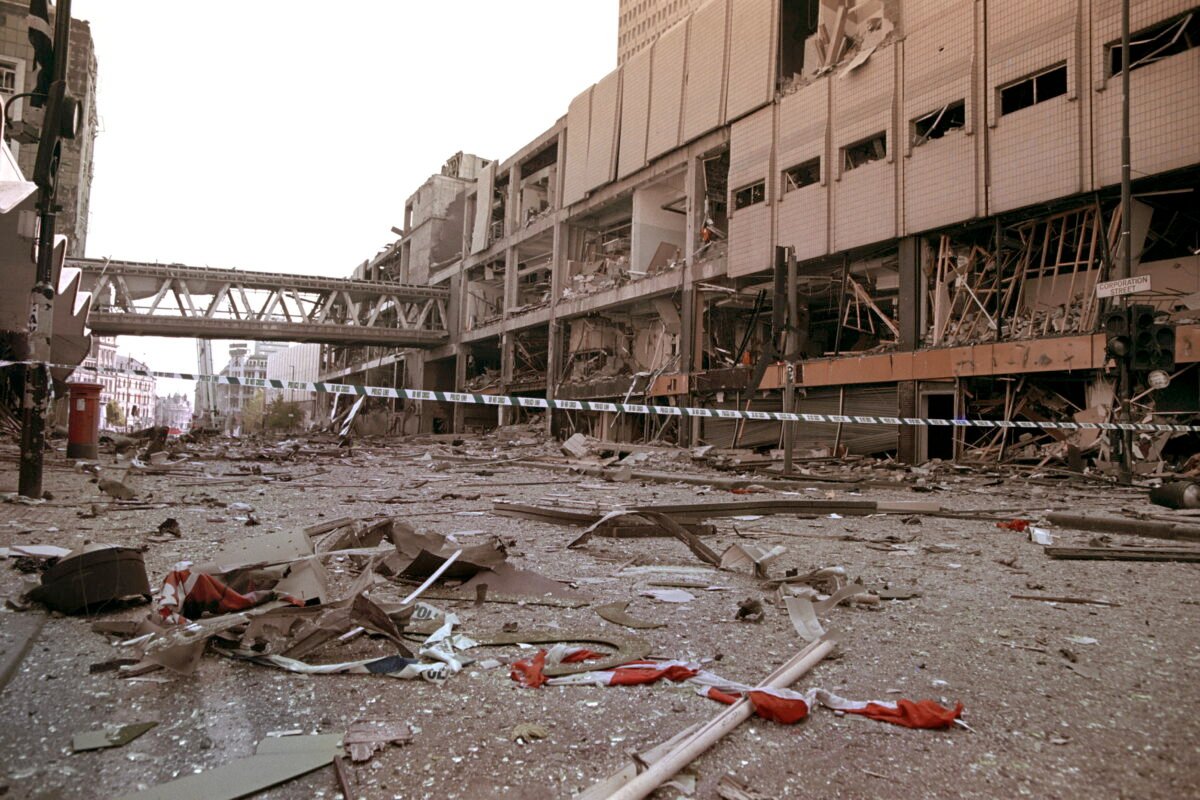 A scene of devastation in Manchester city centre following an IRA bomb attack in 1996. (PA)