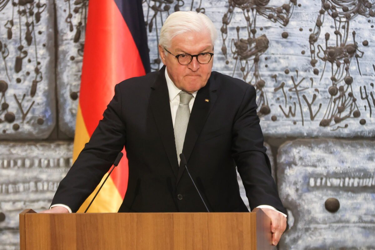 German President Frank-Walter Steinmeier looks on during a joint news conference with Israeli President Reuven Rivlin in Jerusalem, on July 1, 2021. (Ronen Zvulun/Reuters)