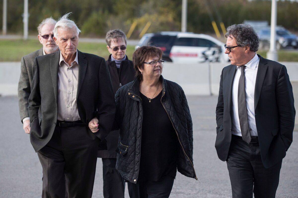 Doug (L) and Donna French, parents of murder victim Kristen French, with their lawyer Tim Danson (R), after Paul Bernardo's parole hearing at the Millhaven Institution in Ontario on Oct. 17, 2018. Bernardo was again denied parole on June 22, 2021. (The Canadian Press/Lars Hagberg)