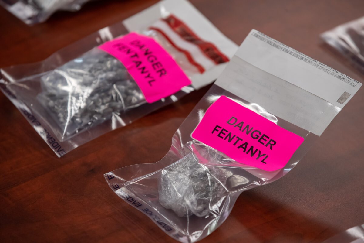 Evidence bags containing fentanyl are displayed during a news conference at Surrey RCMP Headquarters, in Surrey, B.C, Canada ,on Sept. 3, 2020. (Darryl Dyck/The Canadian Press)