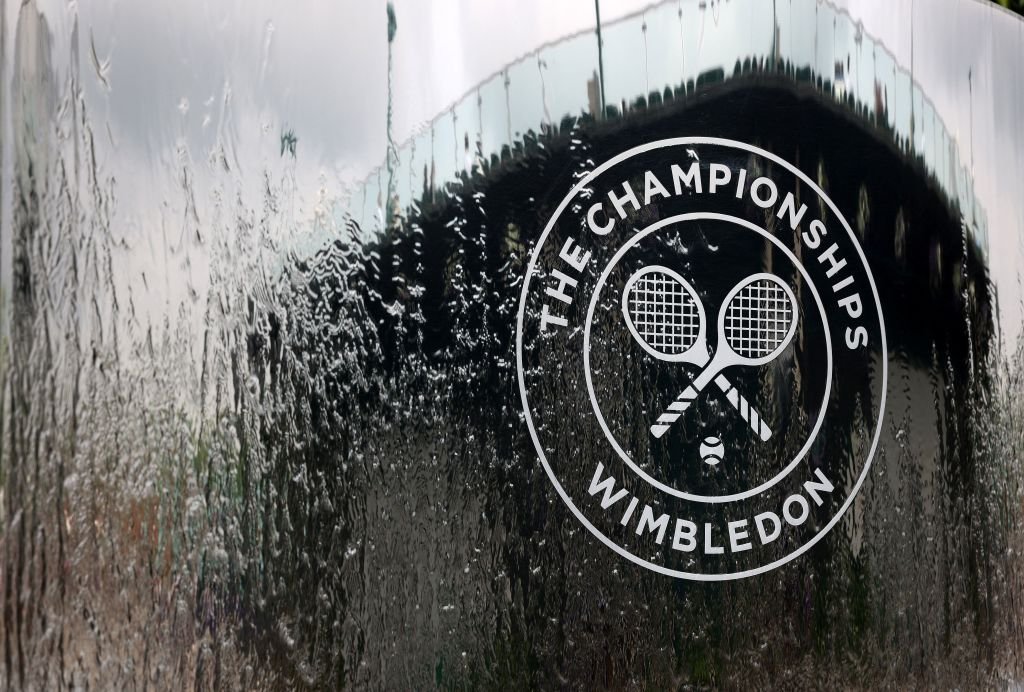 The Wimbledon logo is pictured in a water fountain on the first day of the 2021 Wimbledon Championships at the The All England Tennis Club in London, England, on June 28, 2021. (Adrian Dennis/AFP via Getty Images)