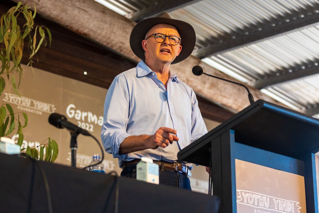 Australian Prime Minister Anthony Albanese speaks during the Garma Festival at Gulkula in East Arnhem, Australia on July 30, 2022 . (Photo                                                        by Tamati Smith/Getty Images)