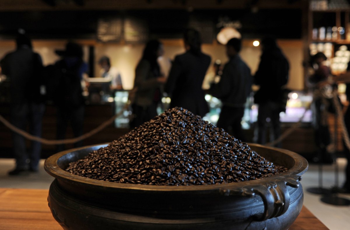 A pot of coffee beans at the newly-inaugurated Starbucks outlet in New Delhi on February 6, 2013. (Sajjad Hussain/AFP/Getty Images)