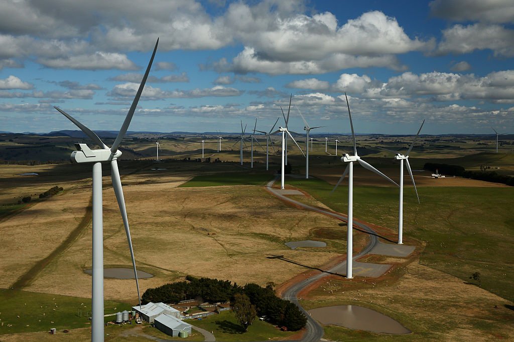 Taralga Wind Farm over farmland in Taralga, New South Wales, Australia on Aug. 31, 2015. (Mark Kolbe/Getty Images)