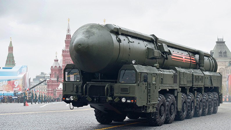 A Russian Yars RS-24 intercontinental ballistic missile system rides through Red Square during the Victory Day military parade in Moscow on May 9, 2017. (Natalia Kolesnikova/AFP/Getty Images)