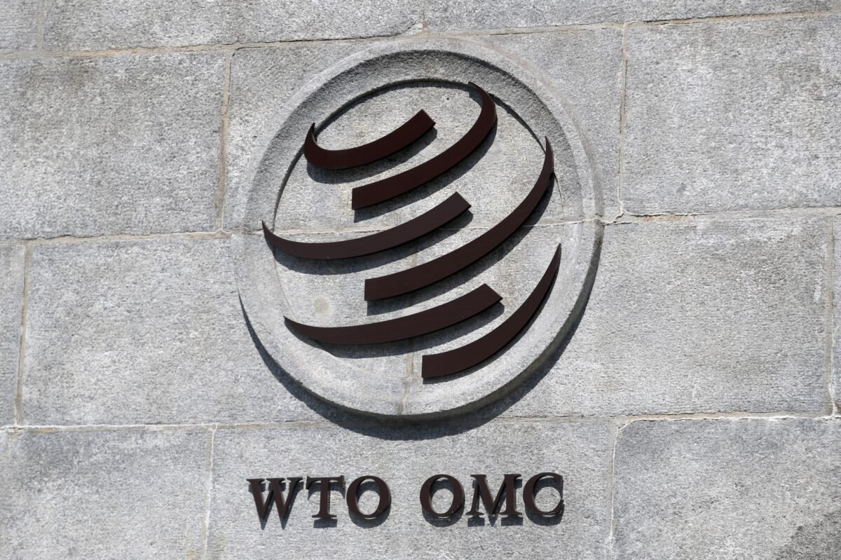 A logo is pictured on the headquarters of the World Trade Organization (WTO) in Geneva, Switzerland, on June 2, 2020. (Denis Balibouse/Reuters)