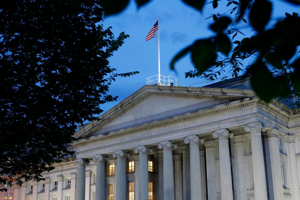 The U.S. Treasury Department building at dusk in Washington on June 6, 2019. (Patrick Semansky/AP Photo)