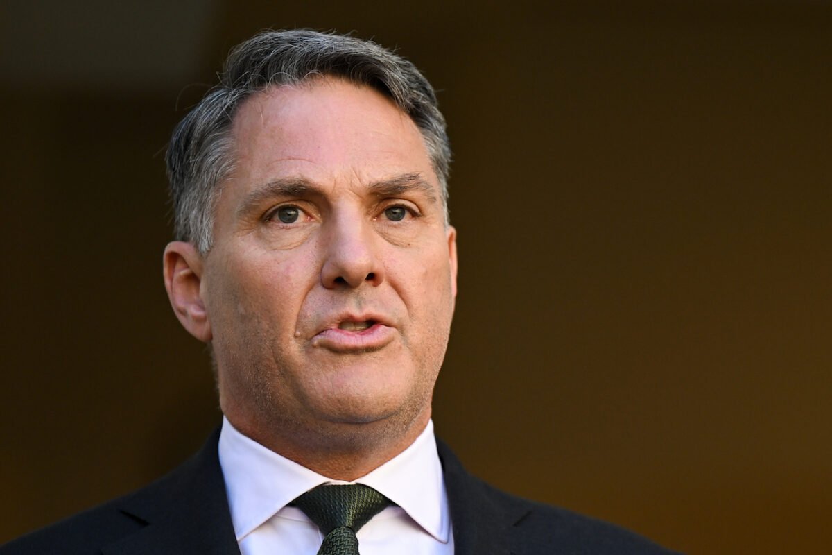 Australian Deputy Prime Minister Richard Marles speaks to the media duing a press conference after the release of the Defence Strategic Review at Parliament House in Canberra, Australia on April 24, 2023. (AAP Image/Lukas Coch)