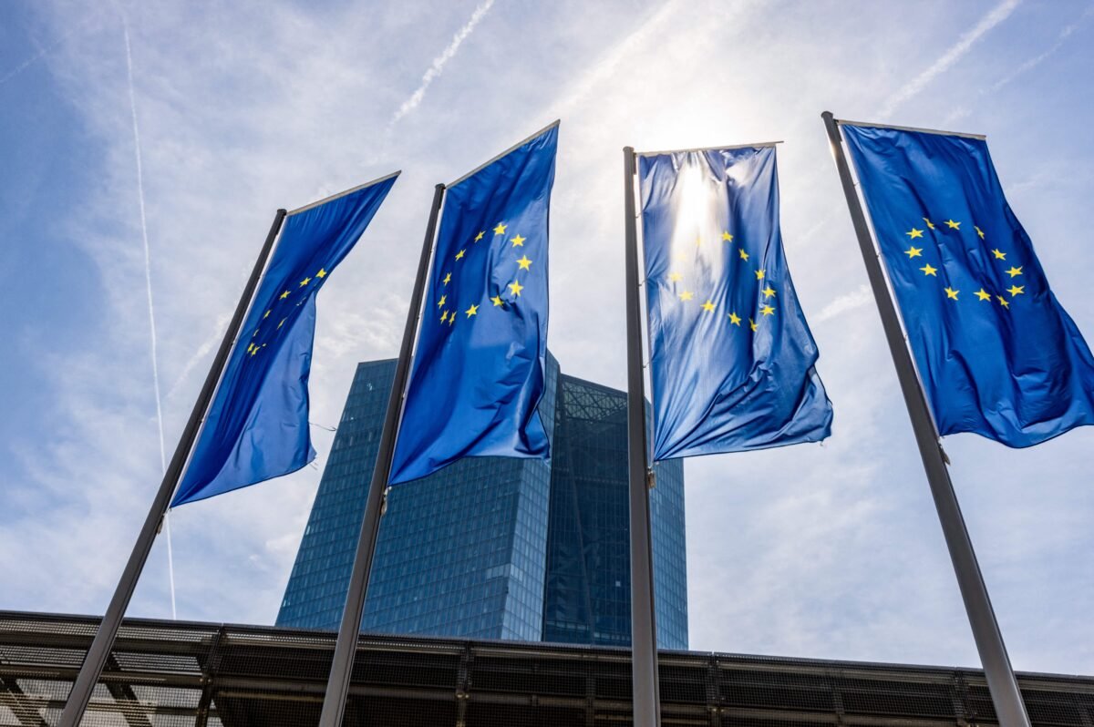 Exterior view taken on May 4, 2023 shows European flags fluttering in front of the European Central Bank in Frankfurt, Germany. (Andre Pain/AFP via Getty Images)