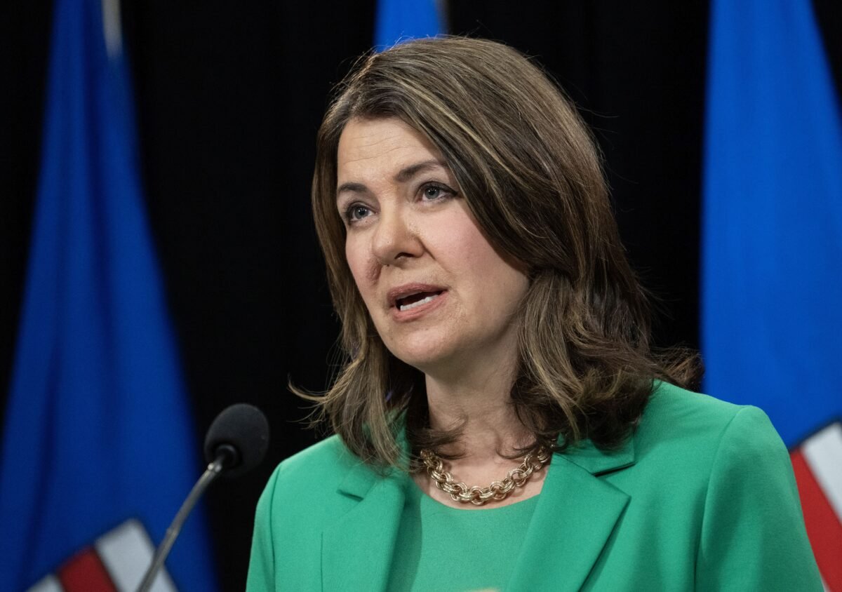 Alberta UCP Leader Danielle Smith holds a news conference during the provincial election in Calgary on May 24, 2023. (The Canadian Press/Todd Korol)