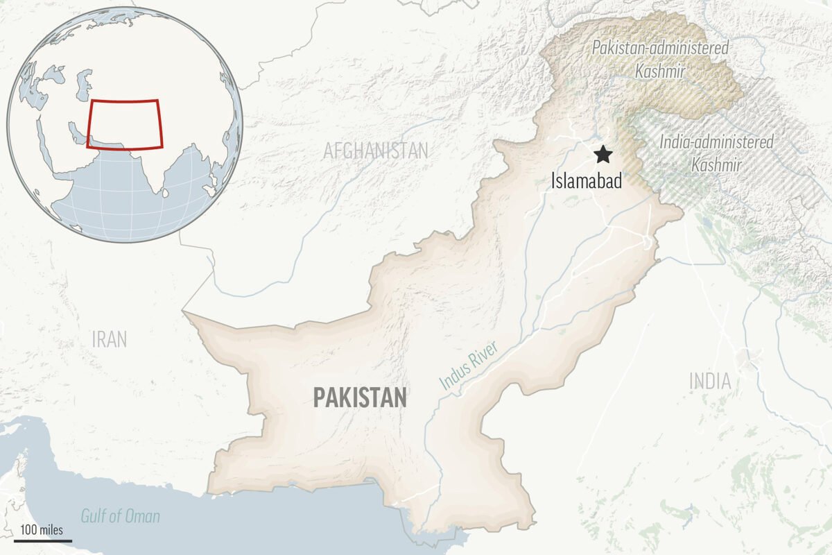 A locator map for Pakistan with its capital, Islamabad, and the Kashmir region. (AP Photo)
