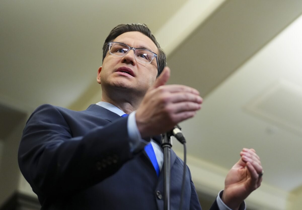 Conservative Leader Pierre Poilievre speaks to reporters in the foyer of the House of Commons on Parliament Hill in Ottawa on June 8, 2023. (The Canadian Press/Sean Kilpatrick)