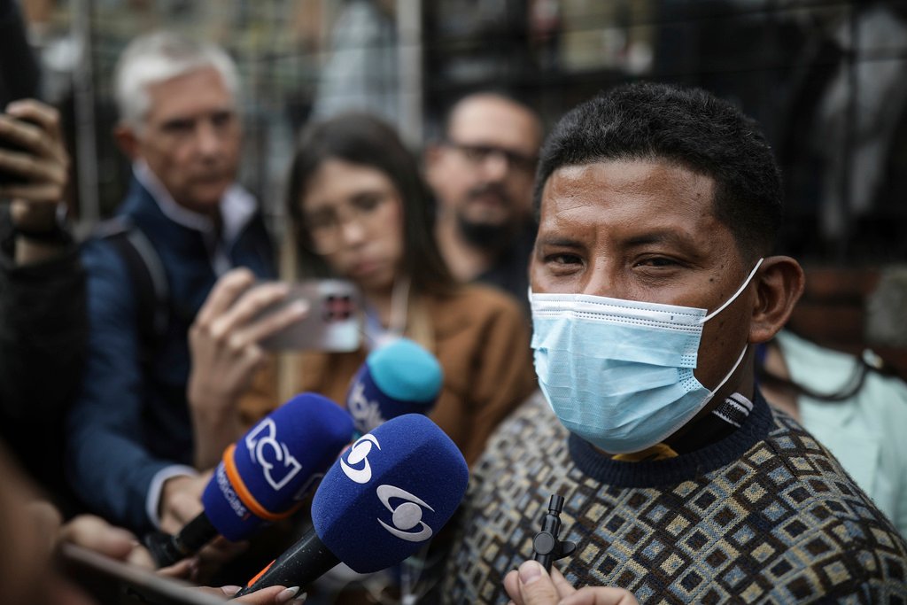 Manuel Ranoque, the father of two of the youngest Indigenous children who survived an Amazon plane crash, speaks to the media in Bogota, Colombia on June 11, 2023. (Ivan Valencia/AP Photo)