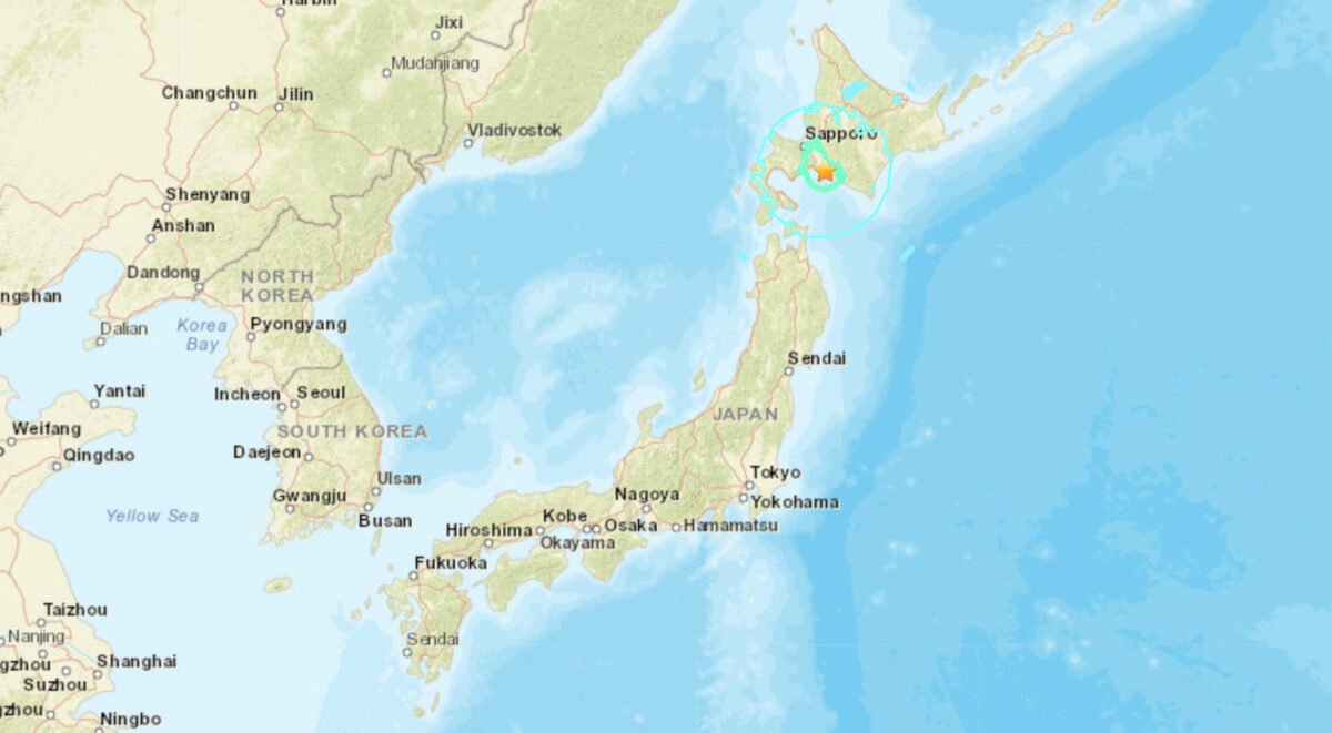 A map shows the epicenter of a magnitude 6.2 earthquake that struck Hokkaido, Japan, on June 11, 2023. (USGS/Google Maps via The Epoch Times)