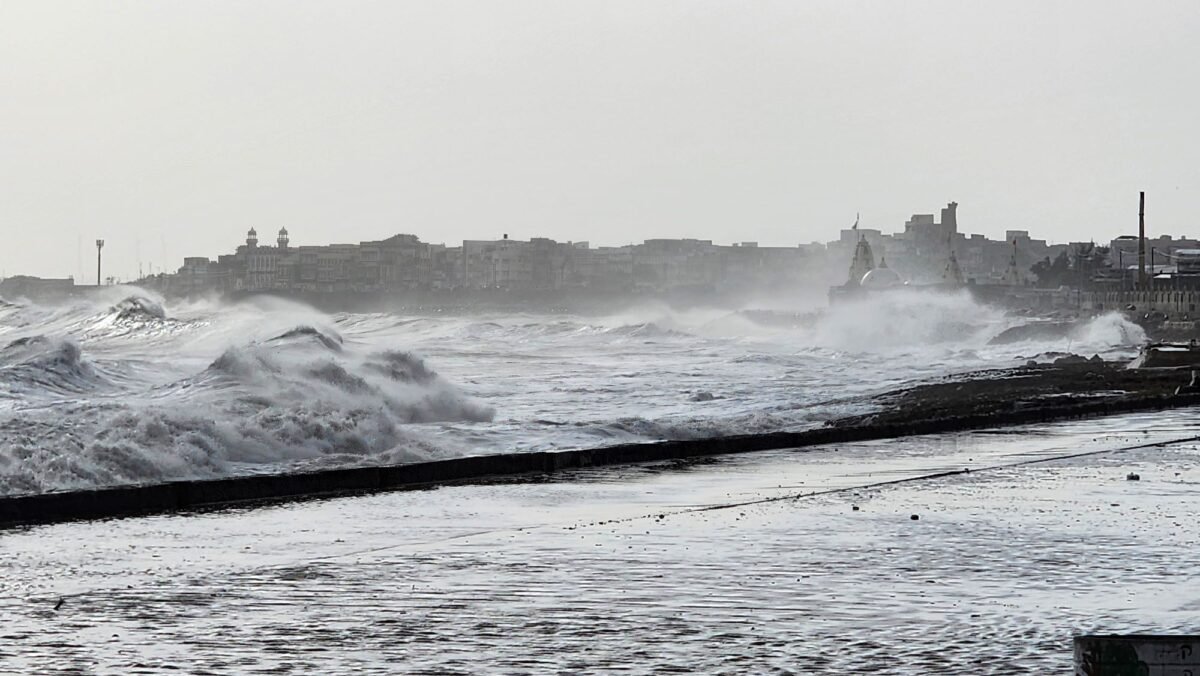 High tide waves hit the Arabian Sea coast in Porbandar, India, on June 11, 2023. (AP Photo)