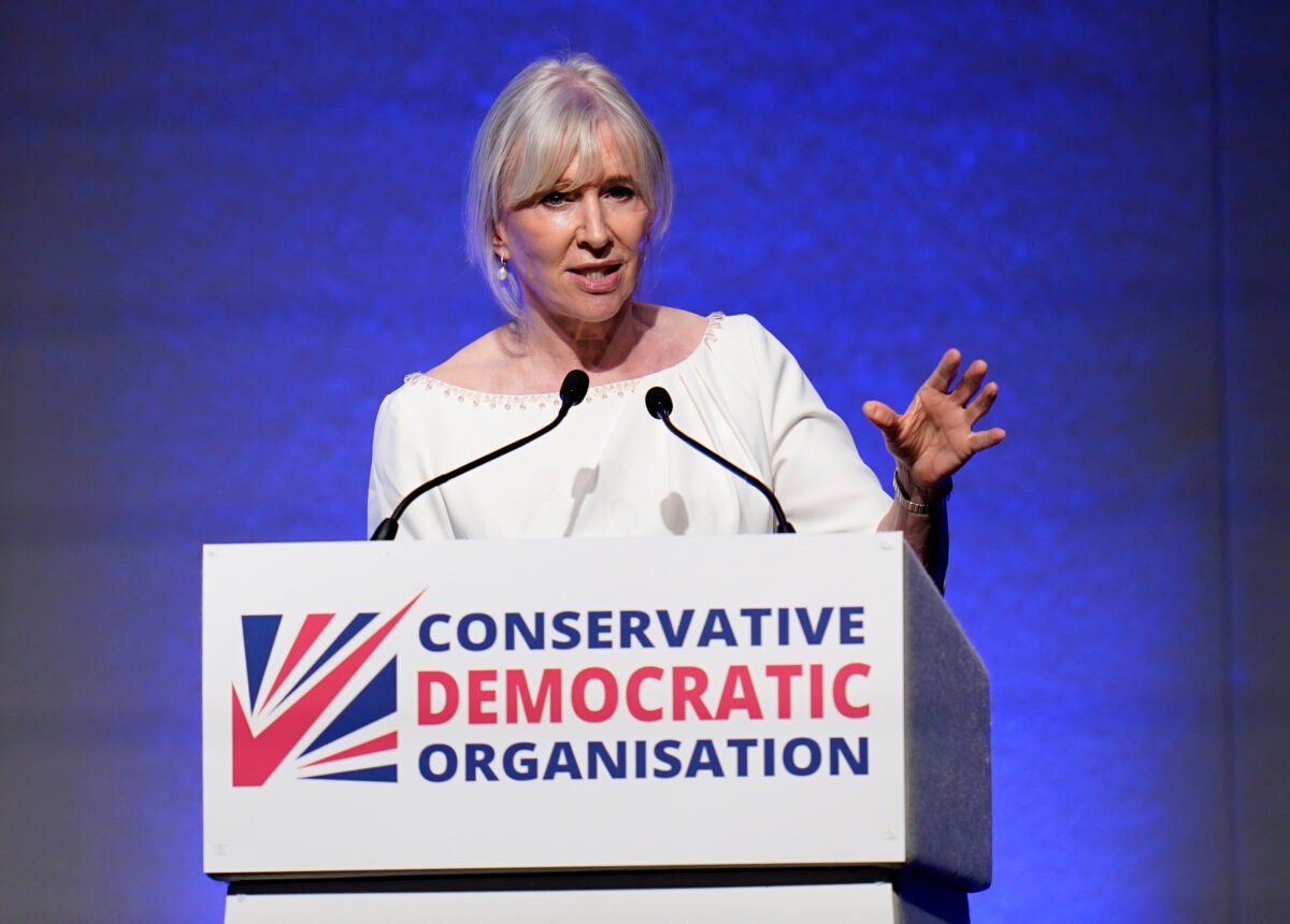 Nadine Dorries gives a speech at the Conservative Democratic Organisation conference at Bournemouth International Centre, Bournemouth, England, on May 13, 2023. (Andrew Matthews/PA Media)