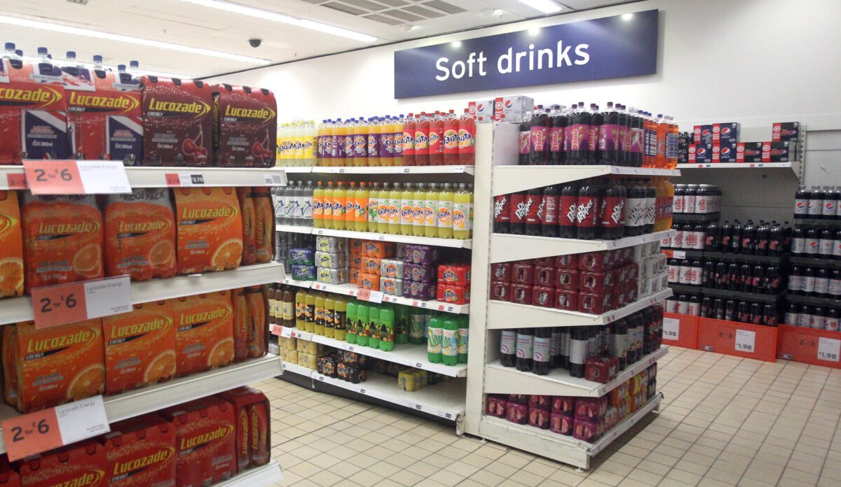 Soft drinks on supermarket shelving in London on Jan. 29, 2013. (Lewis Whyld/PA)