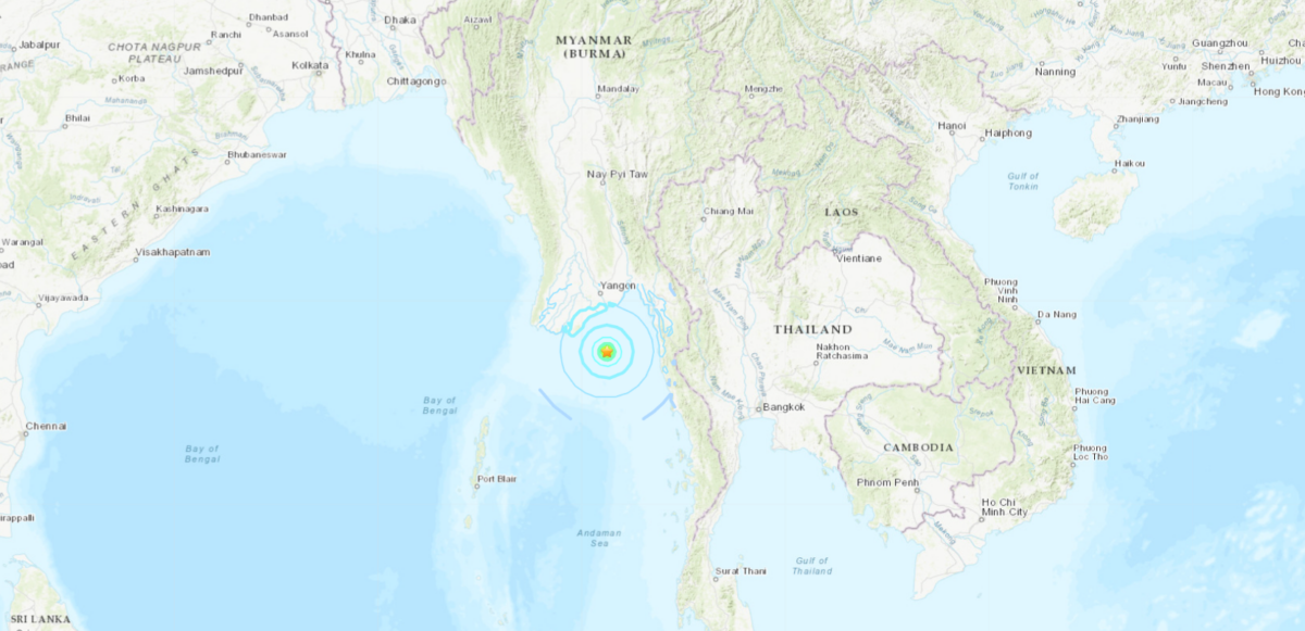 A map shows the location of the 5.6 magnitude quake that was recorded off the southern coast of Burma (also known as Myanmar) on June 19, 2023. (USGS/Screenshot via The Epoch Times)