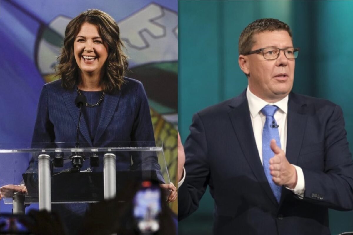(L) Alberta Premier Danielle Smith makes a speech in Calgary, Alta., on May 29, 2023. (The Canadian Press/Jeff McIntosh); (R) Saskatchewan Premier Scott Moe speaks during the leaders' debate at the Provincial Archives in Regina on Oct. 14, 2020. (The Canadian Press/Michael Bell)