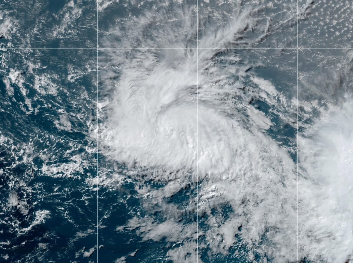 A geocolor satellite image of Tropical Storm Bret, which formed in the Tropical Central Atlantic with maximum sustained winds of 40 mph, on June 19, 2023. (National Hurricane Center)