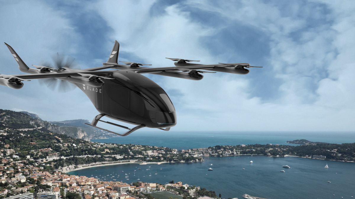 A computer-generated image of a Blade Air flying vehicle. (Courtesy of Blade Air Mobility)