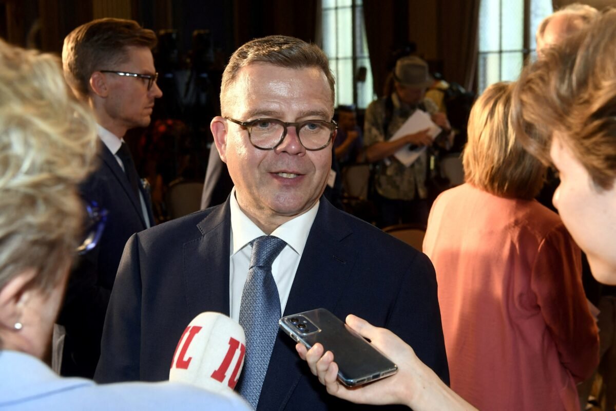 National Coalition Party chair PM-designate Petteri Orpo speaks to the media in Helsinki on June 16, 2023. (Lehtikuva/Kimmo Penttinen via Reuters)