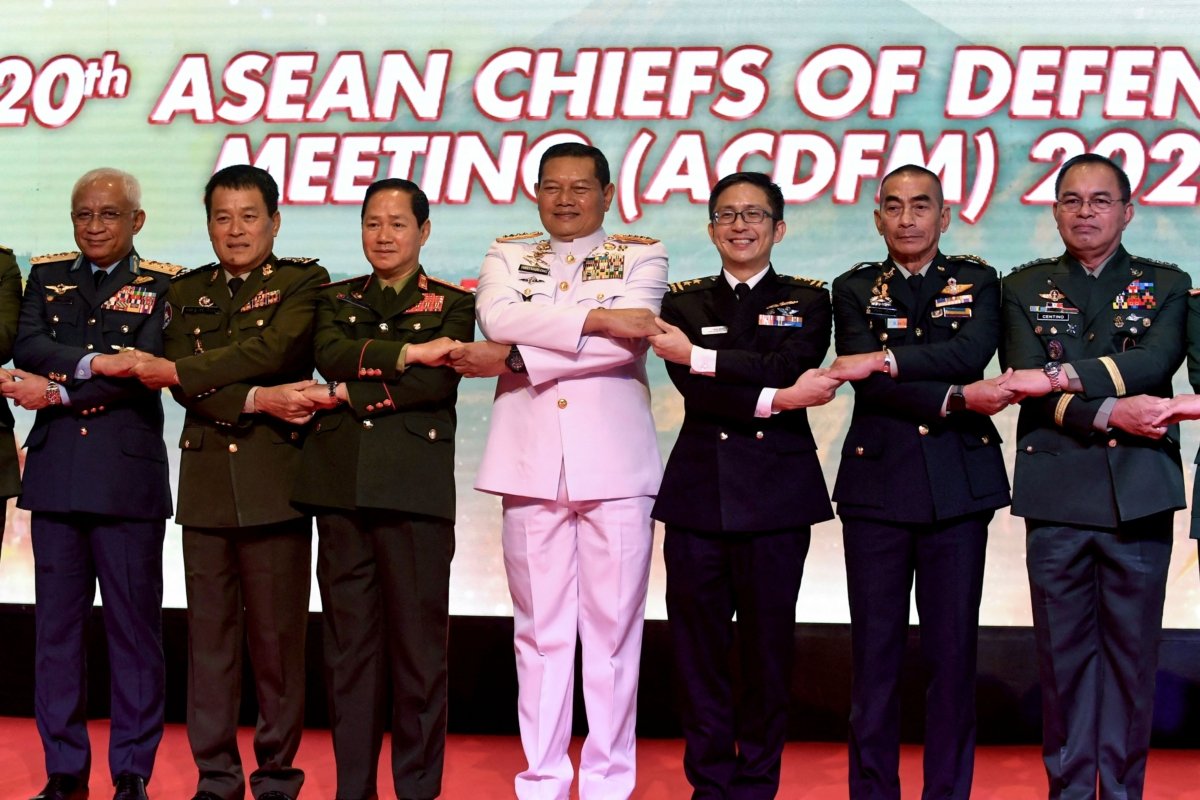 Yudo Margono (C), Commander of the Indonesian National Armed Forces, poses with ASEAN chief commanders for a group photo during the Association of Southeast Asian Nations (ASEAN) Chiefs of Defence Force Meeting (ACDFM) in Nusa Dua, on Indonesia's resort island of Bali, on June 7, 2023. (Sonny Tumbelaka/AFP via Getty Images)