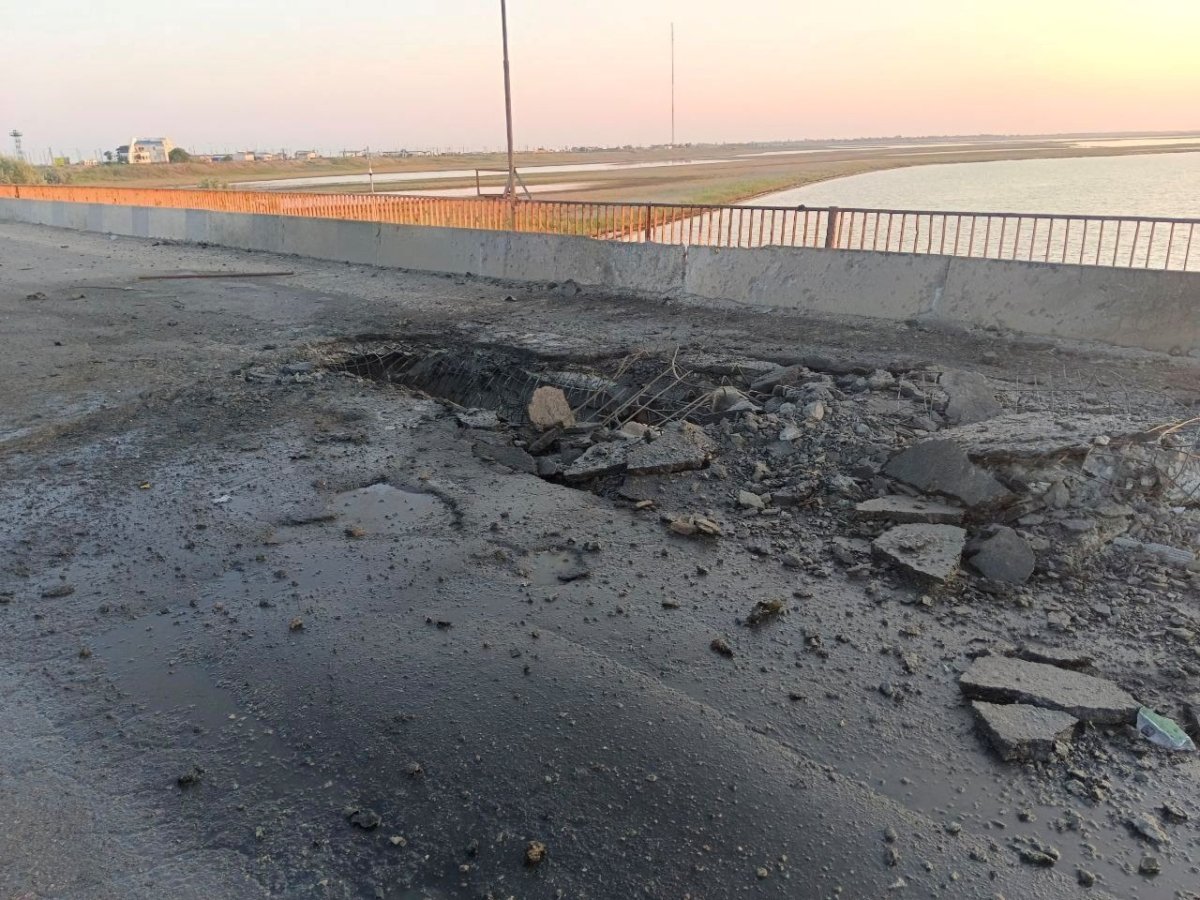A view shows the damaged Chonhar bridge connecting Russian-held parts of Ukraine's Kherson region to the Crimean peninsula following a Ukrainian missile attack in this picture released on June 22, 2023. (Vladimir Saldo via Telegram/Handout via Reuters)