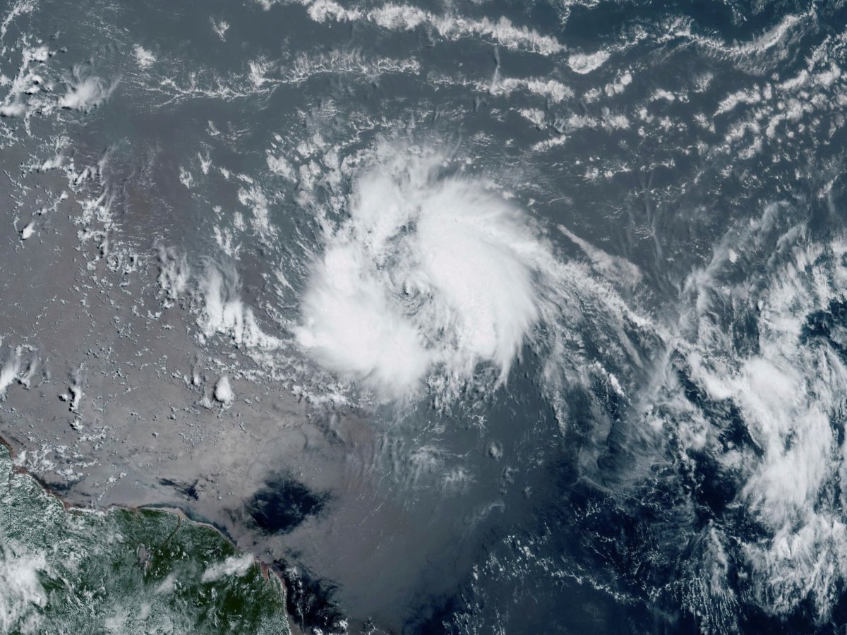 Tropical Storm Bret as it chugged toward the eastern Caribbean, in this GeoColor satellite image taken on June 20, 2023. (NOAA via AP)