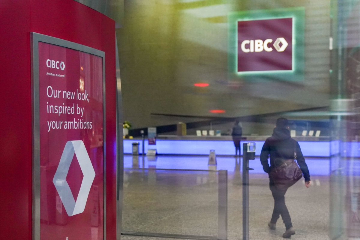 The new CIBC logo displayed in the lobby of its headquarters in Toronto on Oct. 25, 2021. (Evan Buhler/The Canadian Press)