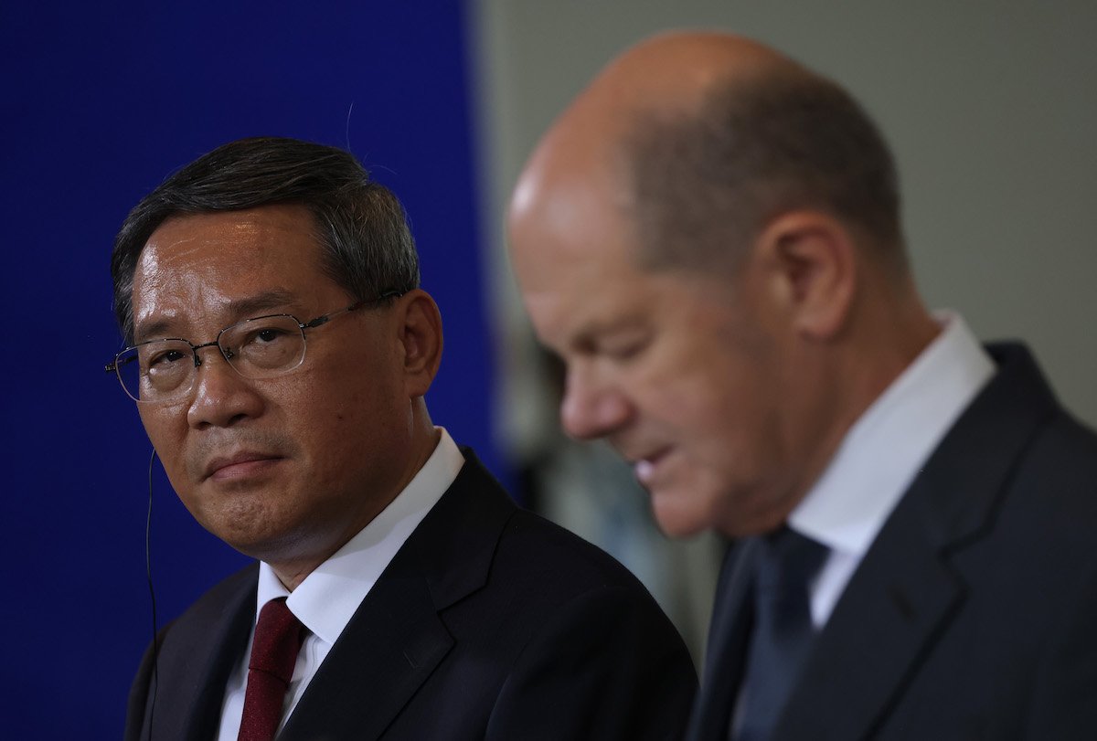 Chinese Premier Li Qiang (L) and German Chancellor Olaf Scholz speak to the media at the Chancellery on June 20, 2023 in Berlin, Germany. (Sean Gallup/Getty Images)