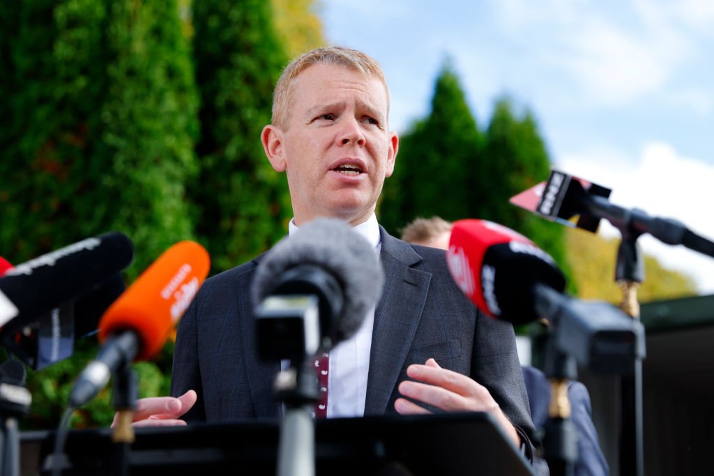 New Zealand Prime Minister Chris Hipkins speaks to media during a visit to the Memorial Water Treatment Plant in Greytown, New Zealand, on April 13, 2023. (Hagen Hopkins/Getty Images)