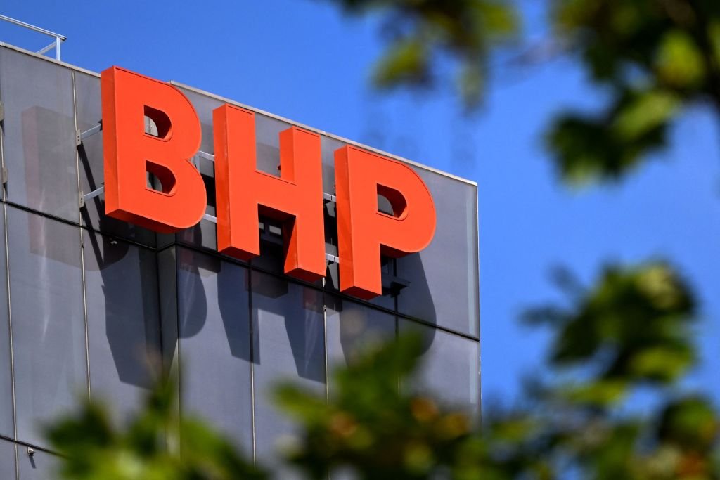The company logo adorns the side of the BHP gobal headquarters in Melbourne, Australia on Feb. 21, 2023. (William West/AFP via Getty Images)