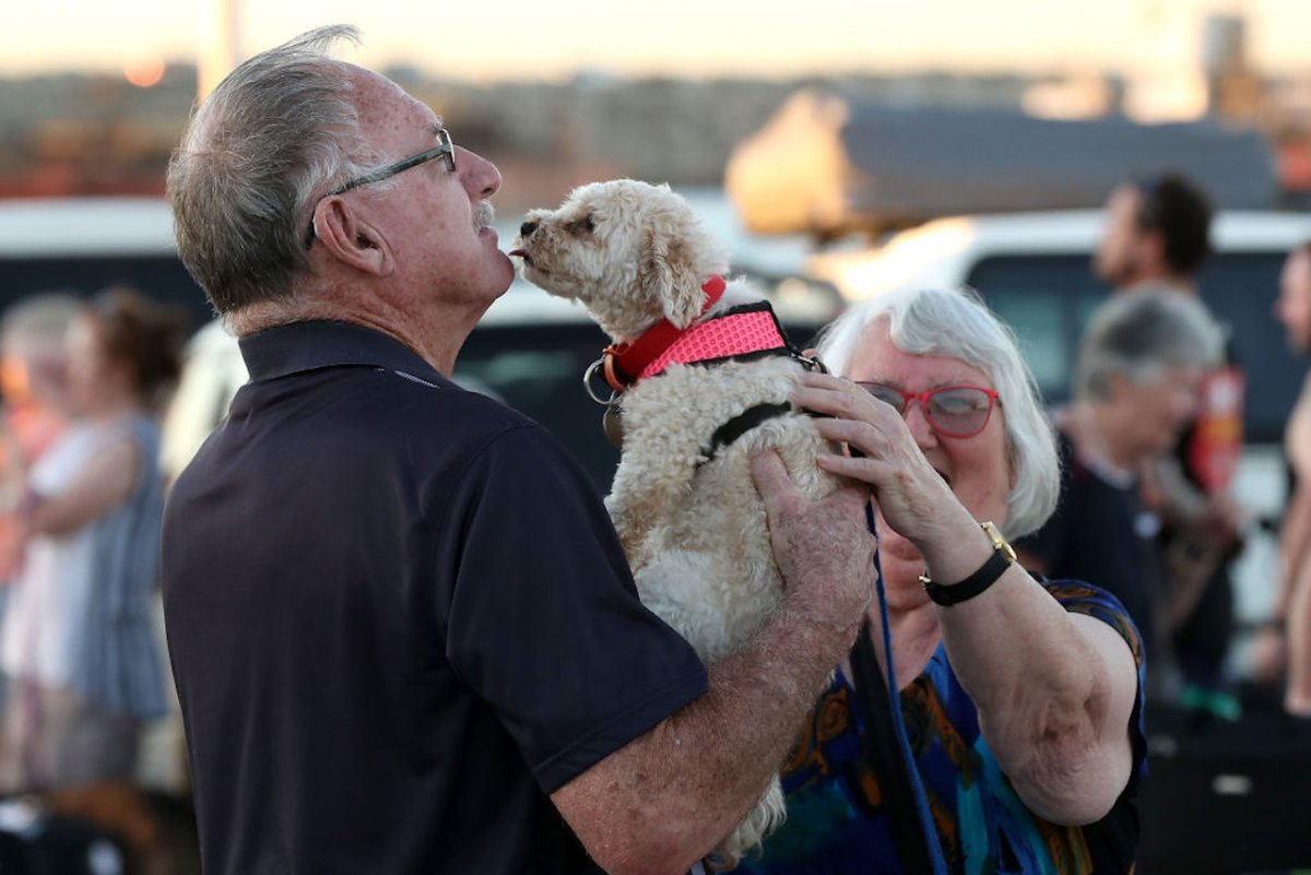 Passengers from the Vasco da Gamma reunite with their pet dog after returning from quarantine on Rottnest Island at the Northport Ferry Terminal on April 10, 2020 in Fremantle, Western Australia. (Paul Kane/Getty Images)