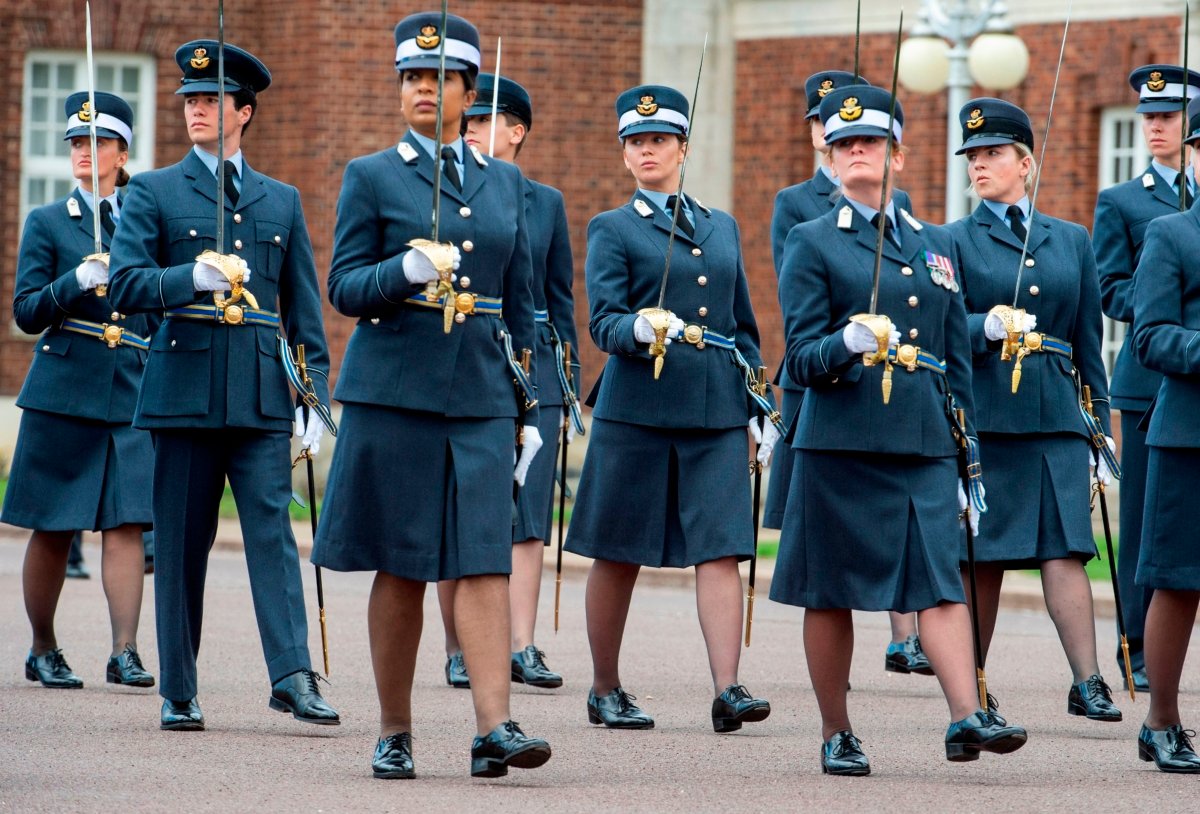Graduating cadets parade at the graduation ceremony of the Queens Squadron and Sovereigns Review at RAF College Cranwell, England, on July 16, 2020. (Julian Simmonds /Pool/AFP via Getty Images)