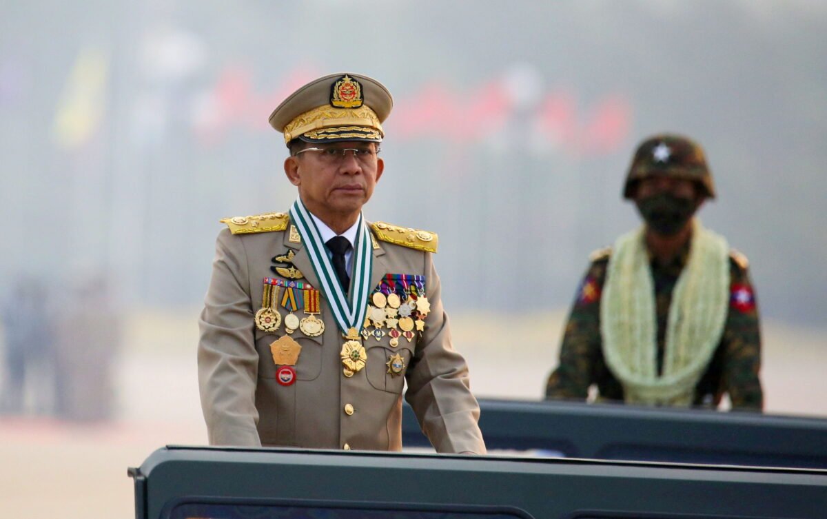 Burma's military ruler Min Aung Hlaing presides over an army parade on Armed Forces Day in Naypyitaw, Burma, on March 27, 2021. (Stringer/Reuters)