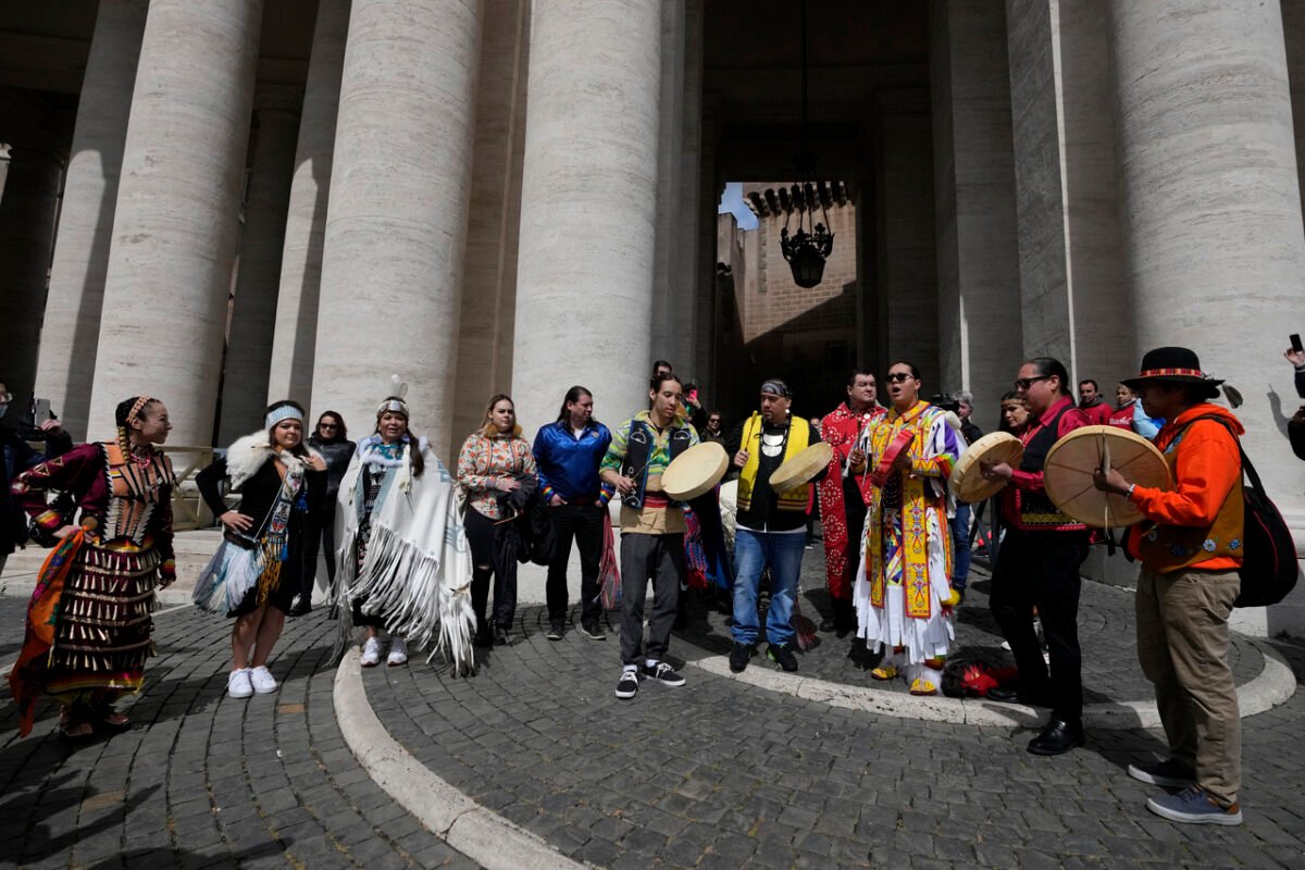Indigenous artists from across Canada perform at St. Peter's Square in the Vatican City on April 1, 2022. Pope Francis on that day made a historic apology to indigenous peoples for the Catholic-run Indian residential schools in Canada. (AP Photo/Alessandra Tarantino)