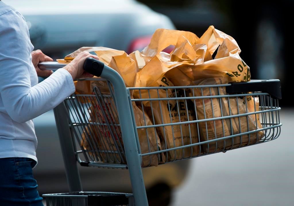 A women leaves a grocery store using plastic bags in Mississauga, Ont., August 15, 2019. (The Canadian Press/Nathan Denette)