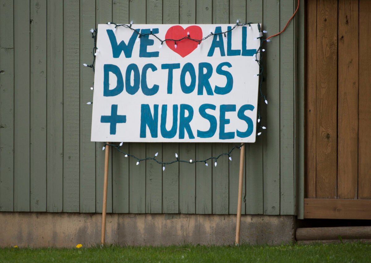 A sign expressing appreciation to doctors and nurses is pictured across the street from the Abbotsford Regional Hospital in Abbotsford, B.C., on April 14, 2020. (The Canadian Press/Jonathan Hayward)