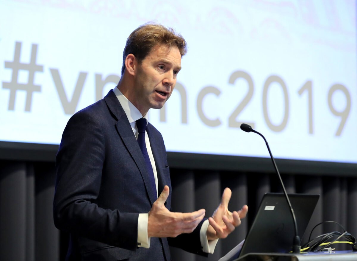 Tobias Ellwood MP speaking during the Veterans' Mental Health Conference at King's College London on Mar. 14, 2019. (Gareth Fuller/WPA Pool/Getty Images)