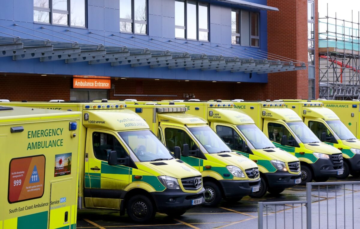 File photo of ambulances lined up outside the Medway Maritime Hospital in Gillingham, Kent, England. (Gareth Fuller/PA Media)