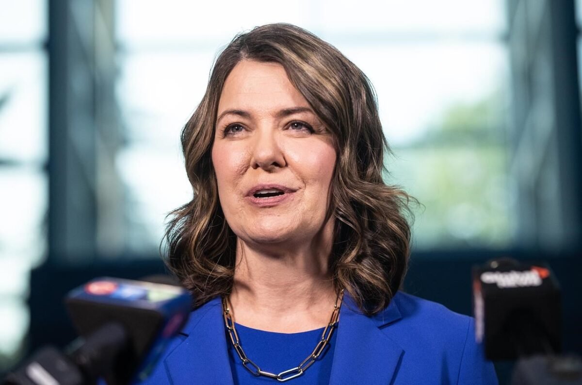 United Conservative Party Leader Danielle Smith speaks following a debate in Edmonton on May 18, 2023. (Jason Franson/The Canadian Press)