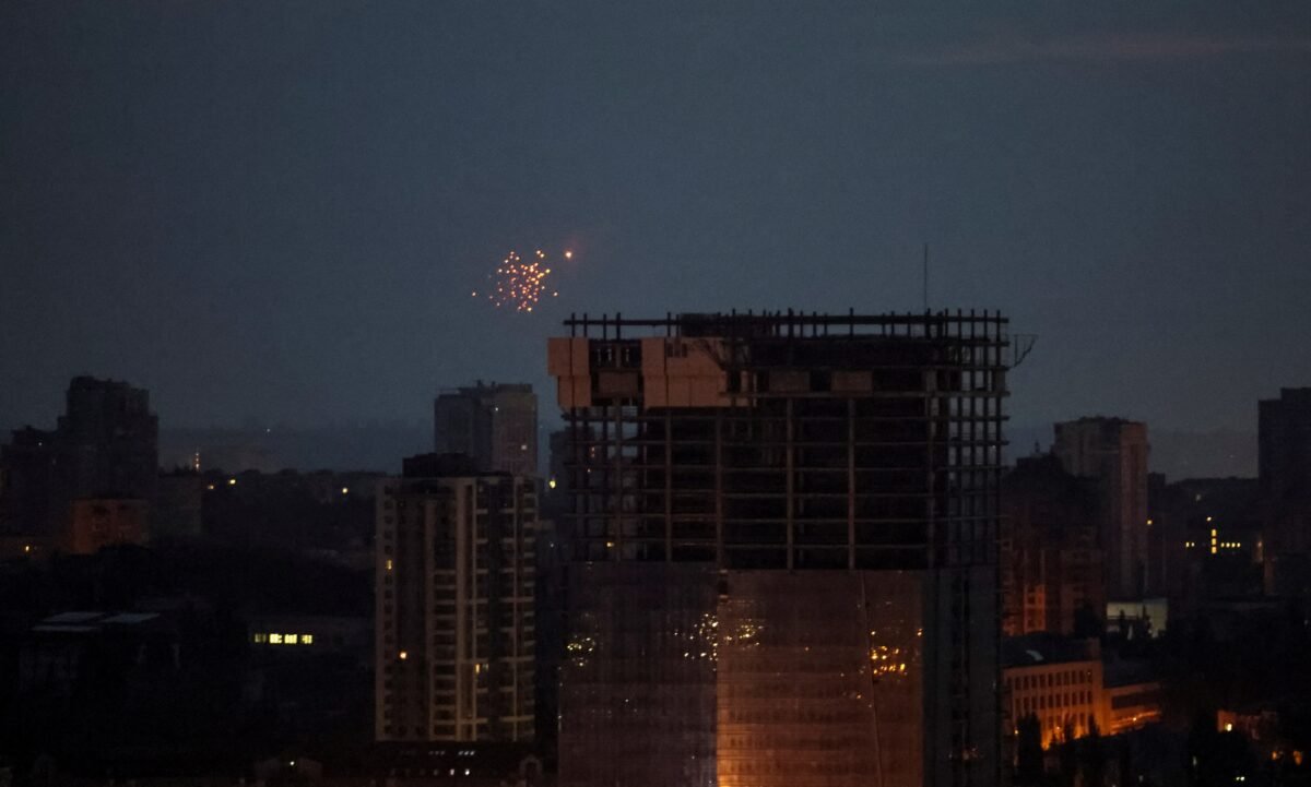 An explosion of a drone in the sky over the city during a Russian drone strike, amid Russia's attack on Ukraine, in Kyiv, Ukraine, on June 20, 2023. (Gleb Garanich/Reuters)