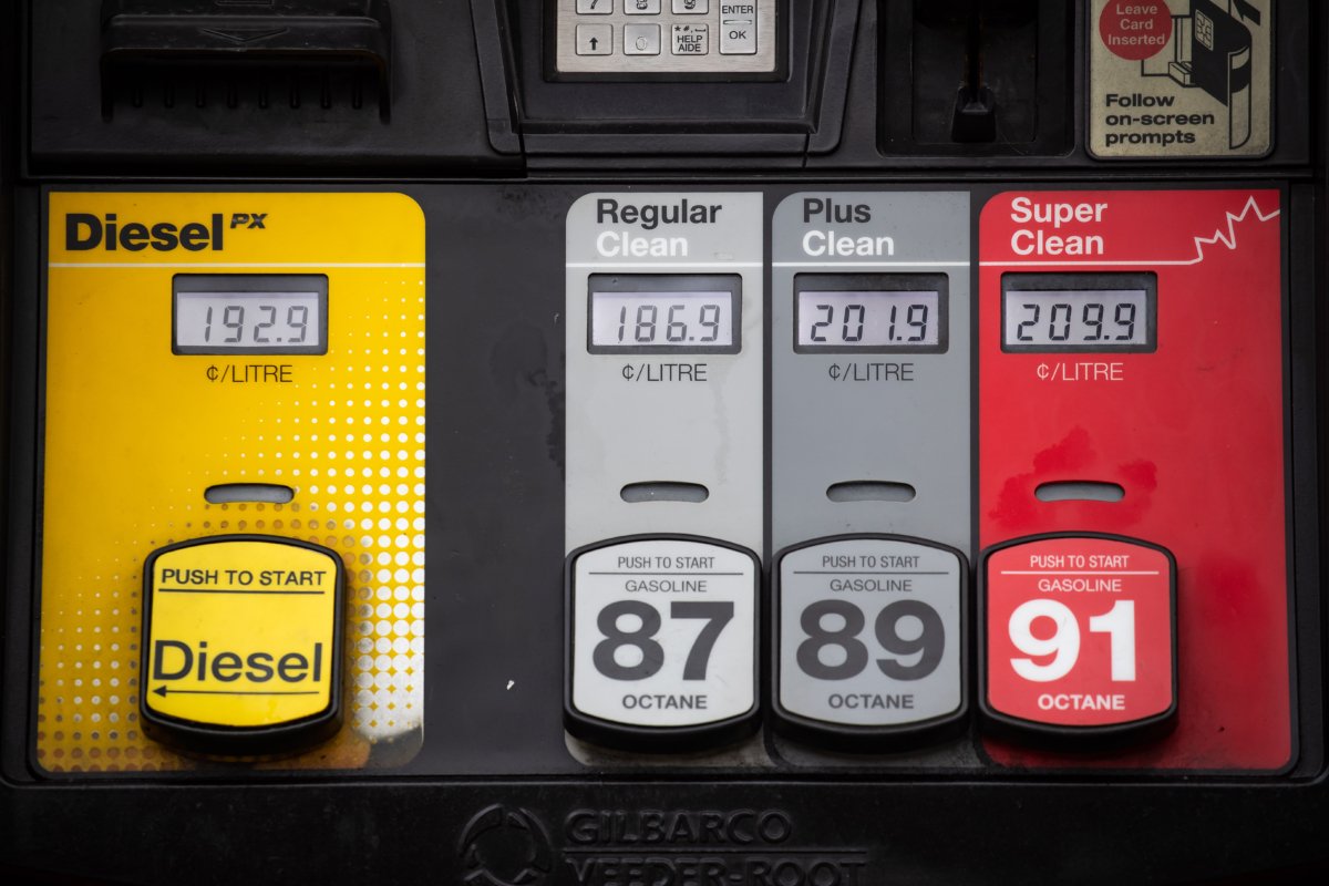 The prices for a litre of diesel and various grades of gasoline are seen on a gas pump at a Petro-Canada station, in Burnaby, B.C., on March 2, 2022. (Darryl Dyck/The Canadian Press)