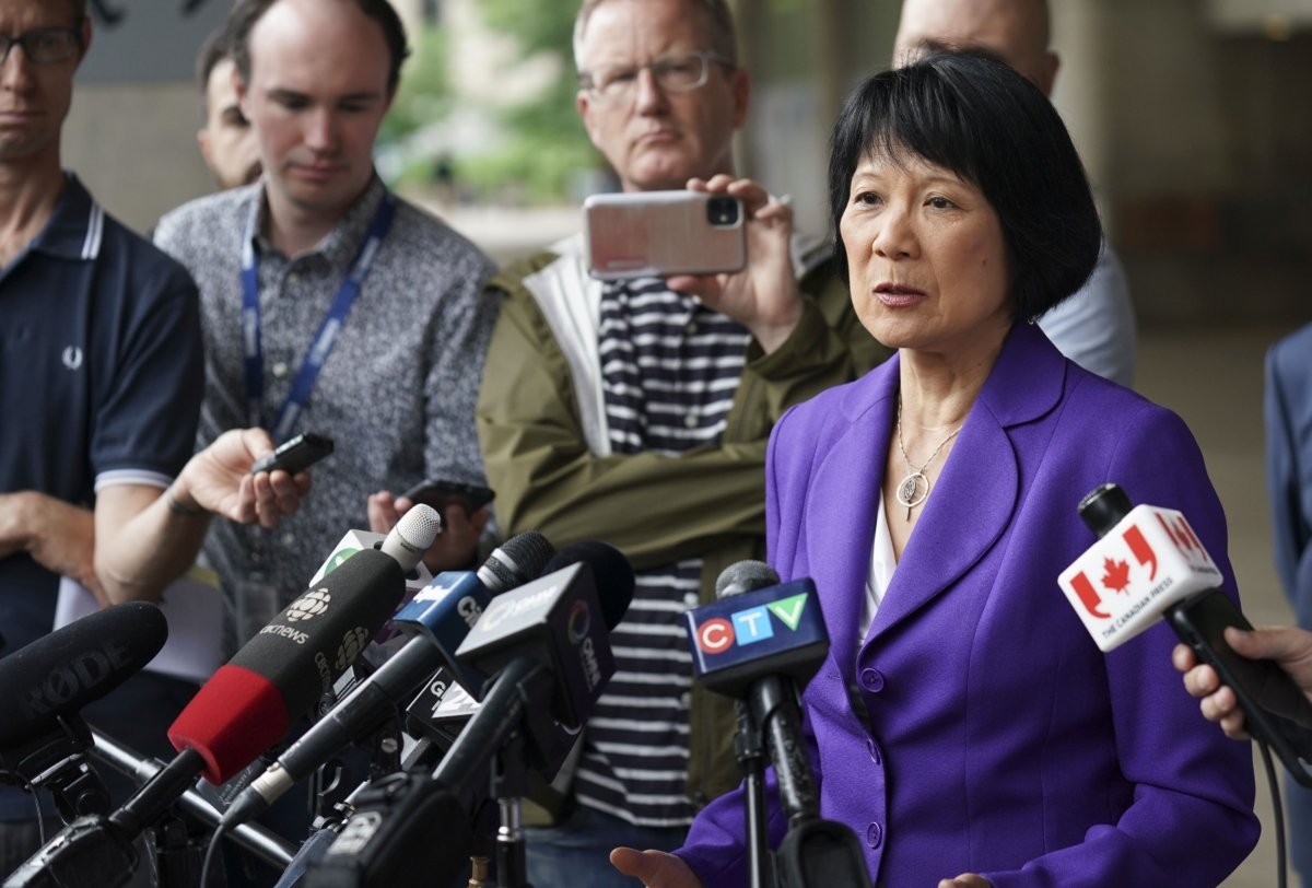 Newly elected Toronto Mayor Olivia Chow speaks to media outside city hall in Toronto on June 27, 2023. (The Canadian Press/Arlyn McAdorey)