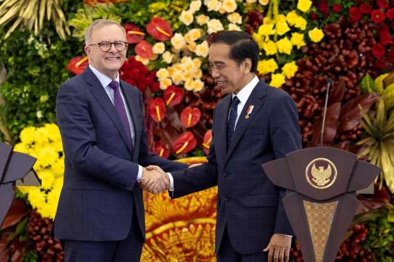 Australian Prime Minister Anthony Albanese shakes hands with President of Indonesia Joko Widodo after making statements during the annual leaders' meeting, at Bogor Palace, Indonesia, Monday, June 6, 2022. Mr Albanese is in Indonesia on a two-day official visit. (AAP Image/Pool, Alex Ellinghausen )