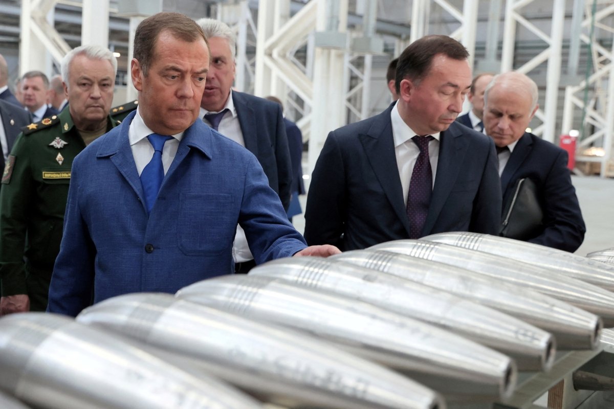 Russia's Deputy head of the Security Council Dmitry Medvedev inspects arms production as he visits the Aleksinsky Experimental Mechanical Plant in the town of Aleksin in the Tula region, Russia, on June 15, 2023. (Sputnik/Yekaterina Shtukina/Pool via Reuters)