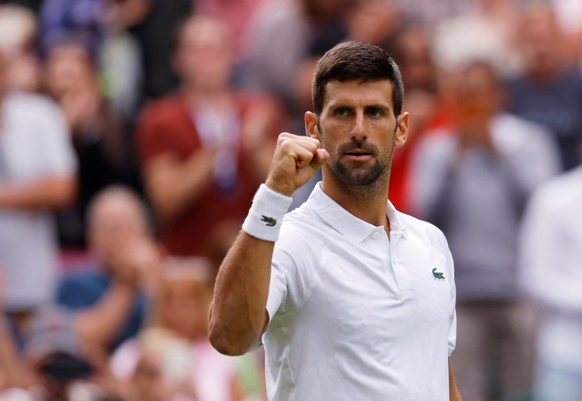 Serbia’s Novak Djokovic celebrates after winning his first round match against Argentina’s Pedro during the match of All England Lawn Tennis and Croquet Club Cachin in Wimbledon, London on July 3, 2023. (Andrew Couldridge/Reuters)