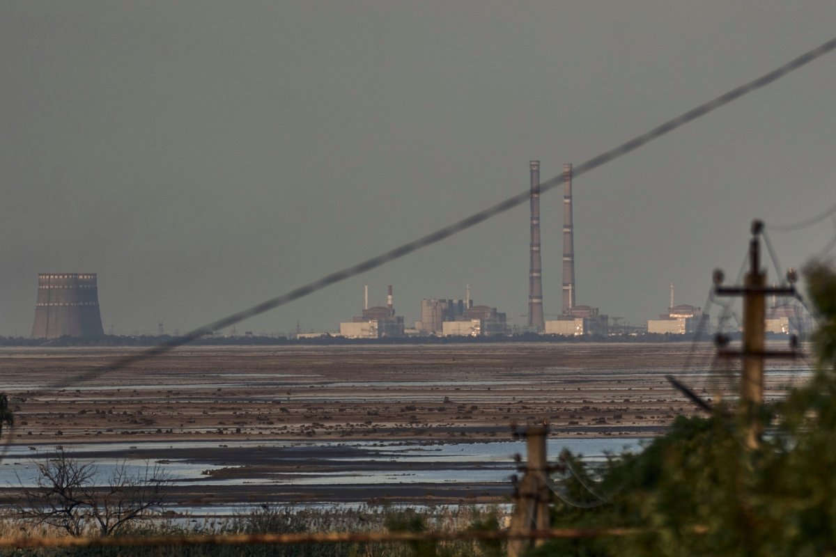 The Zaporizhzhia nuclear power plant, Europe's largest, is seen in the background of the shallow Kakhovka Reservoir after the dam collapse in Energodar, on June 27, 2023. (Libkos/AP Photo)