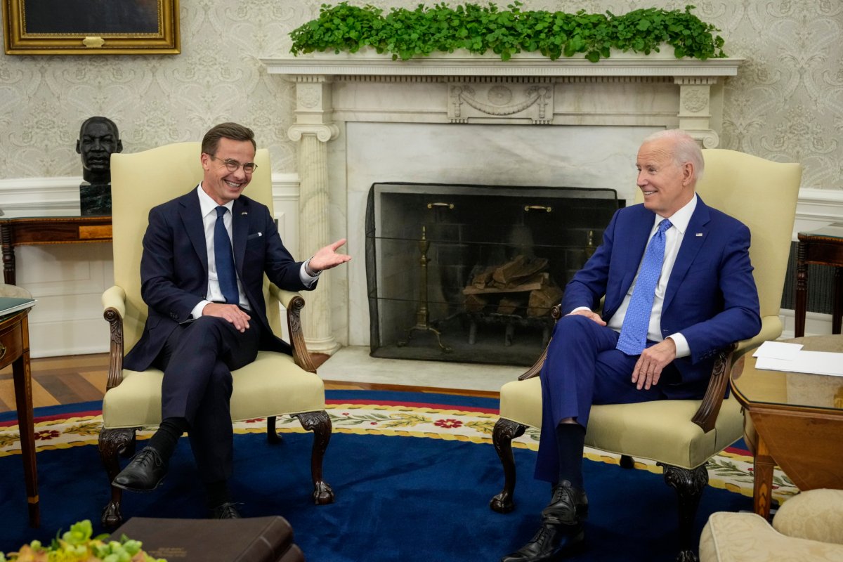 President Joe Biden (R) meets with Swedish Prime Minister Ulf Kristersson in the Oval Office of the White House in Washington on July 5, 2023. (Drew Angerer/Getty Images)